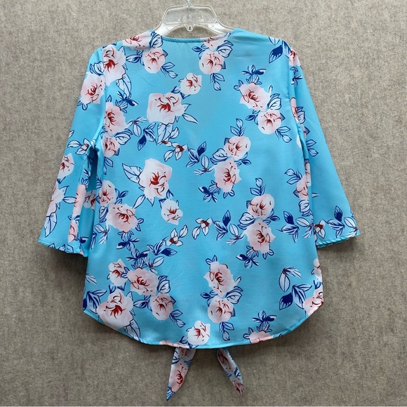 Women's Floral Button Down Waist Tie Blouse with Bell Sleeves M - Picture 3 of 9